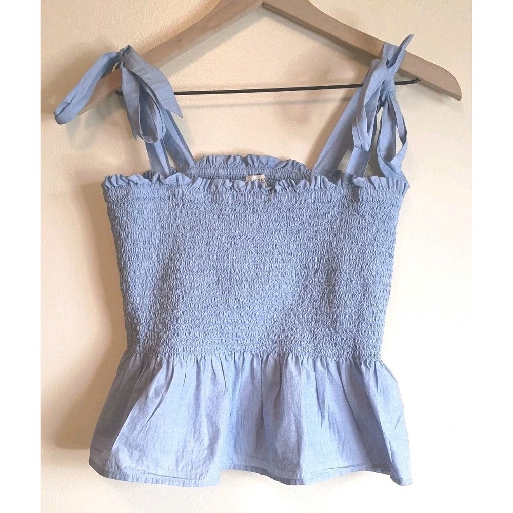 J.Crew Smocked Tie Strap Peplum Tie Top Blue Cotton Sleeveless Size M Coastal - Picture 2 of 10